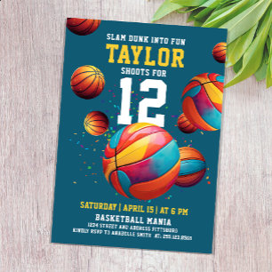 Fun Sport Cool Colourful Basketball Birthday  Invitation