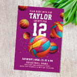 Fun Sport Cool Girl Purple Pink Basketball Bday  Invitation<br><div class="desc">Score big with our cool colourful basketball birthday party invitation! Featuring a burst of vibrant basketballs against a girly purple backdrop, this invitation sets the stage for an energetic celebration. With big, bold sporty fonts, it's perfect for your kid's or teenager's birthday bash. Personalise it with your own text and...</div>