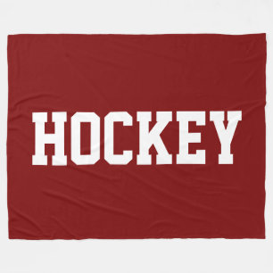 Fun Sporty Athletic White HOCKEY Text On Deep Red Fleece Blanket