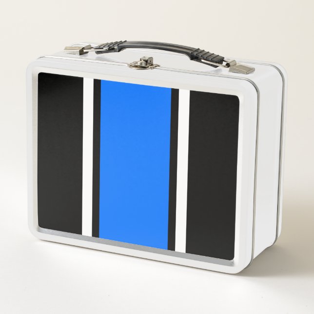 Fun Sporty Bright Blue Black White Racing Stripes Metal Lunch Box (Front)