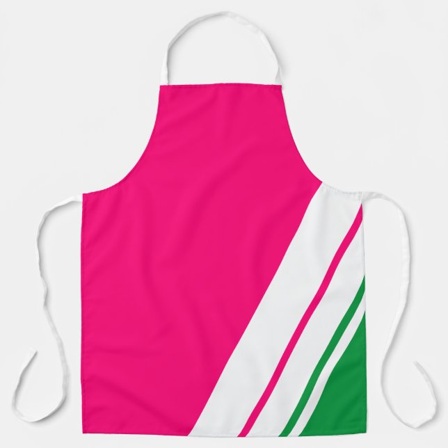Fun Sporty Bright Pink Green White Racing Stripes Apron (Front)