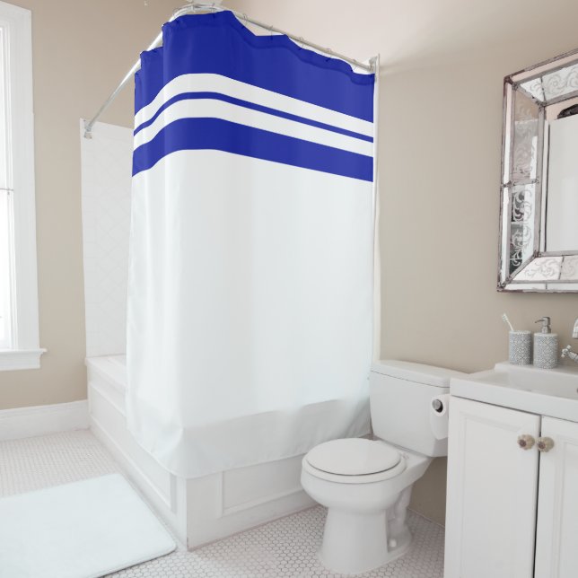 Fun Sporty Deep Blue Top Racing Stripes On White Shower Curtain (In Situ)