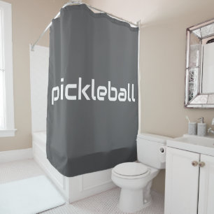 Fun Sporty Modern White PICKLEBALL Text On Grey Shower Curtain