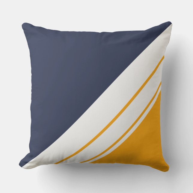 Fun Sporty Navy Blue Yellow White Racing Stripes  Cushion (Front)