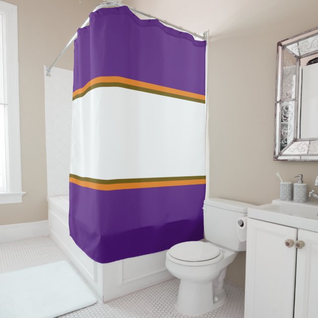 Fun Sporty Purple Orange Wide White Racing Stripes Shower Curtain (In Situ)