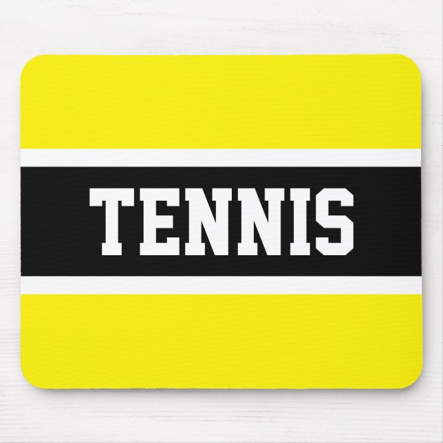 Fun Sporty TENNIS Text Bright Yellow Black Stripes Mouse Mat (Front)
