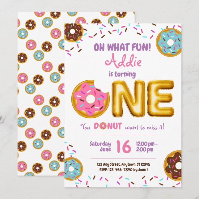 Fun Sprinkles Doughnut Doughnut Girl 1st Birthday Invitation (Front/Back)
