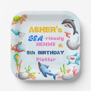 Fun Square Under-the-Sea Ocean Protector Birthday Paper Plate