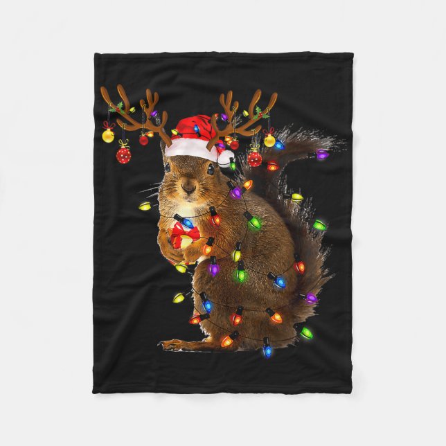 Fun Squirrel Christmas Tree Lights Reindeer Santa  Fleece Blanket (Front)
