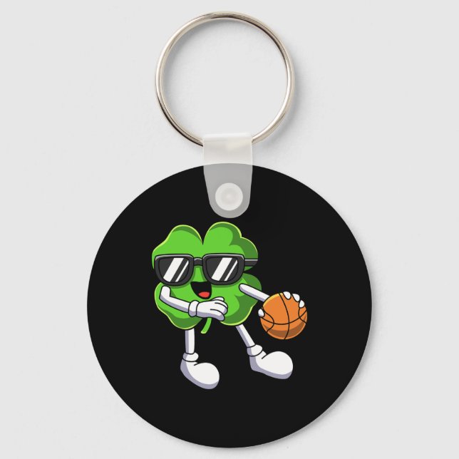 Fun St Patricks Day Shamrock Playing Basketball Bo Key Ring (Front)