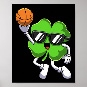 Fun St Patricks Day Shamrock Playing Basketball Bo Poster