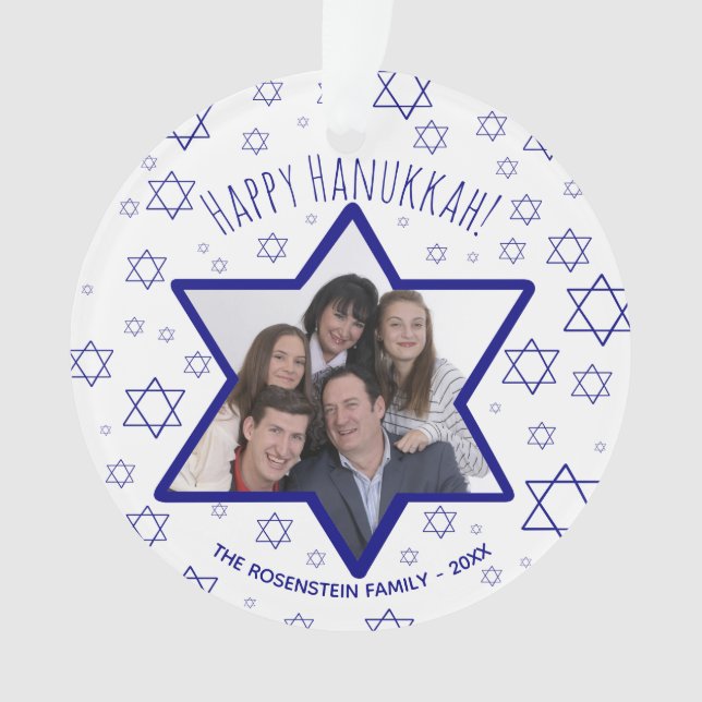 Fun Star of David Happy Hanukkah Photo Ornament (Front)