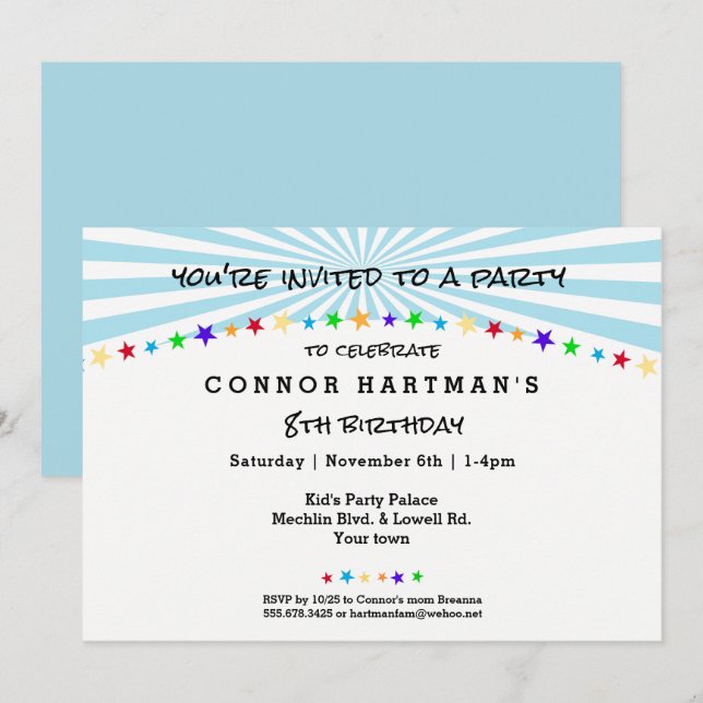 Fun Star Sun Rays Kids Any Age Birthday Invitation (Front/Back)