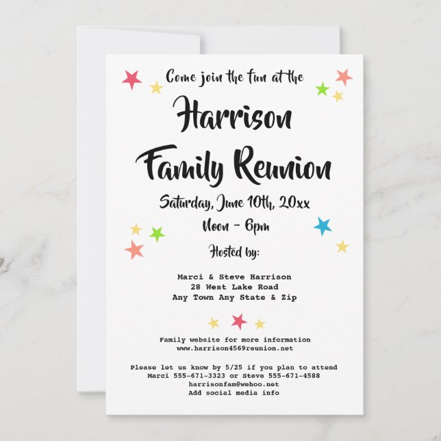 Fun Stars Family Reunion Party or BBQ Invitation (Front)