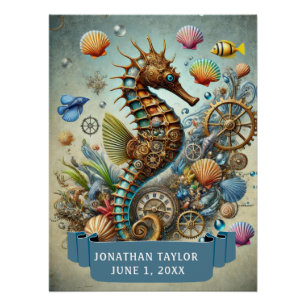 FUN STEAMPUNK SEAHORSE WITH NAME Kids Birthday Poster