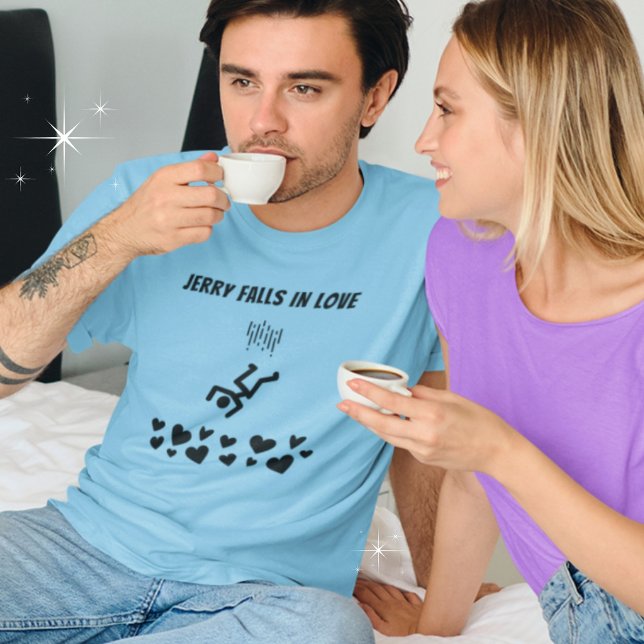 Fun Stick Figure People Fall in Love T-Shirt (Shown in mens, blue tee. Available in mens, womens, multiple styles, colors and sizes.)