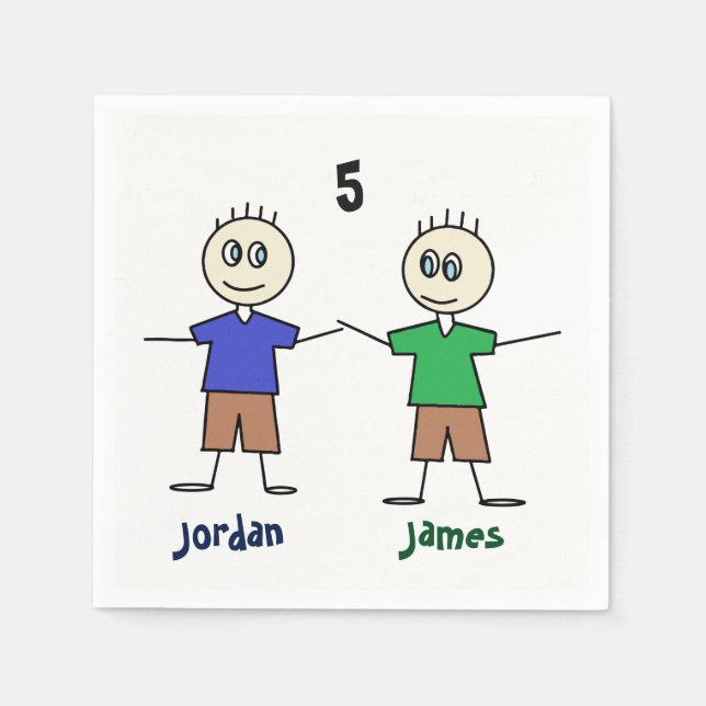 Fun Stick Figure Twin Boys Birthday Party Napkin (Front)