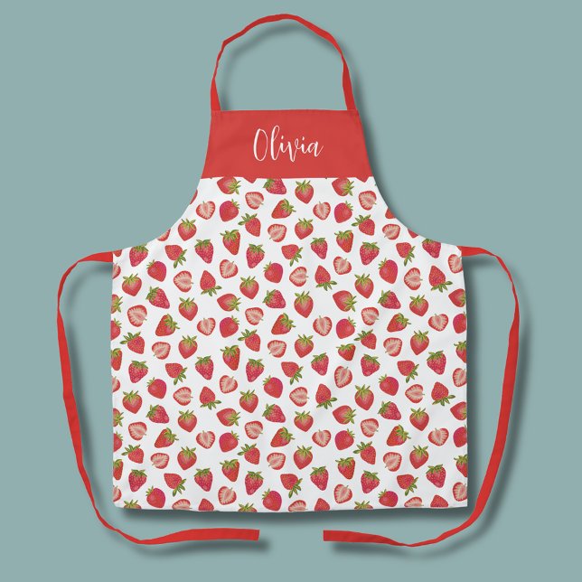 Fun strawberry pattern apron (Strawberry pattern personalized name apron.  Matching kitchen and homeware range available.)