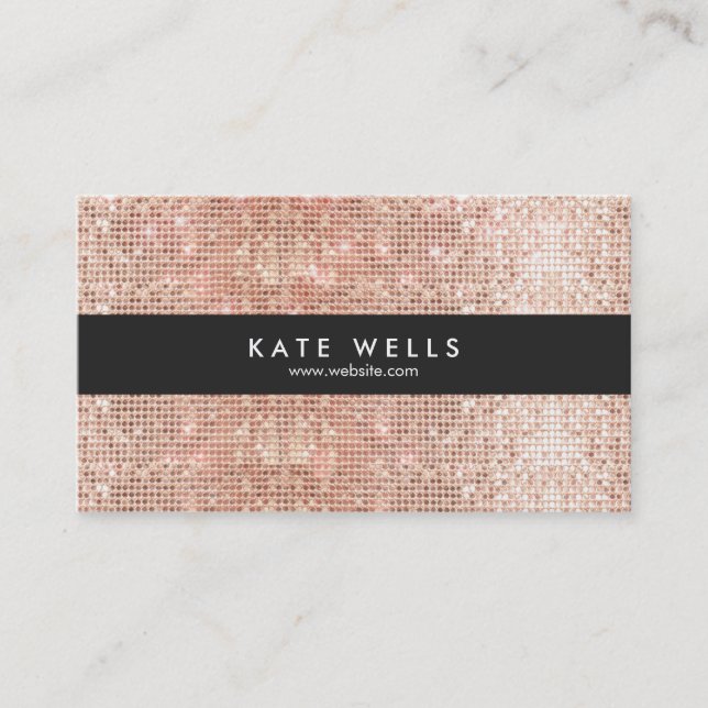 Fun Stylish Faux Rose Gold Sequin Black Striped Business Card (Front)