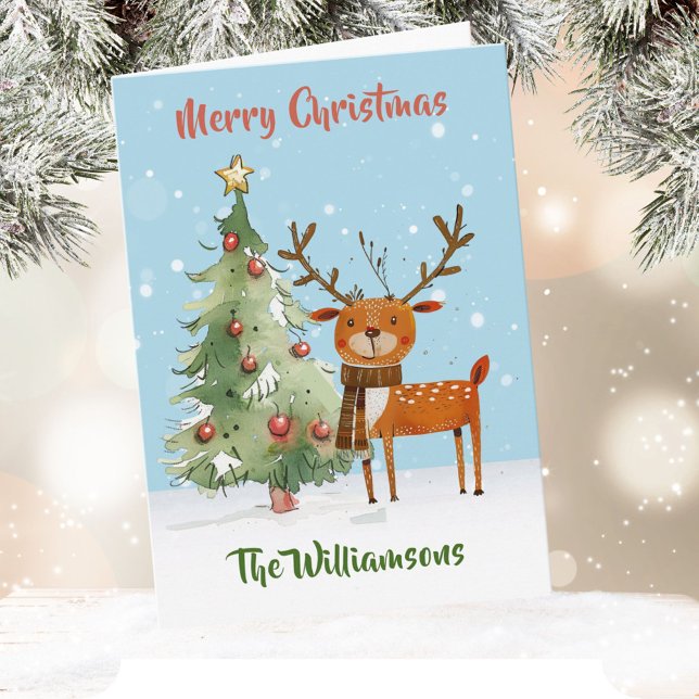 Fun Stylish Watercolor Reindeer Tree  Card (Creator Uploaded)