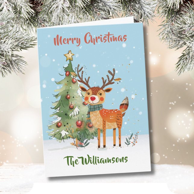 Fun Stylish Watercolor Reindeer Tree  Card (Creator Uploaded)