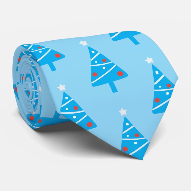 Fun Stylish White Star Blue Christmas Tree Pattern Tie (Rolled)