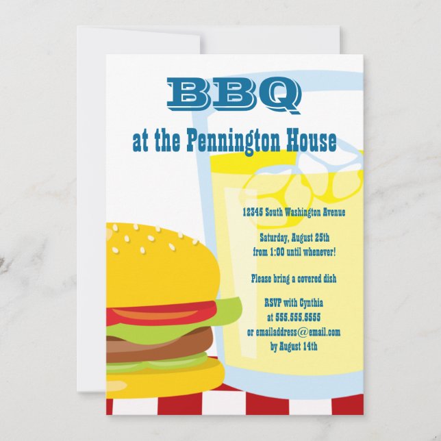 Fun summer BBQ (barbeque) grill party invitation (Front)