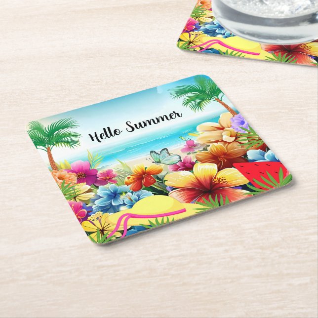 Fun Summer Beach Scene Square Paper Coaster (Angled)