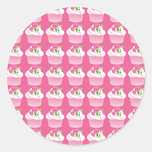 Fun Summer Birthday Hot Pink Cupcake Pattern Classic Round Sticker (Front)