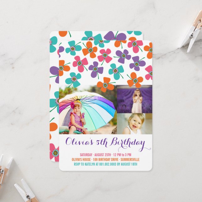 Fun Summer Daisies Pop Chic Girl's Birthday Photo Invitation (Front/Back In Situ)
