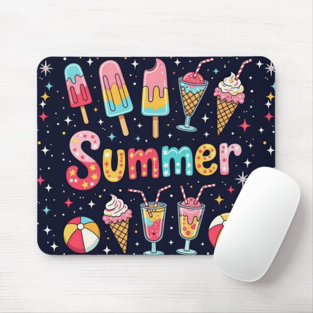 Fun Summer Graphics On Black Mouse Mat (With Mouse)
