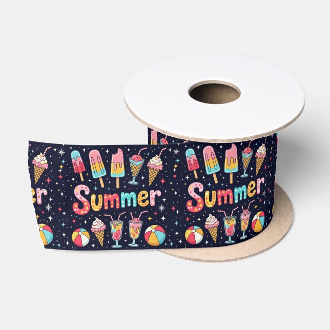 Fun Summer Graphics On Black Satin Ribbon (Spool)