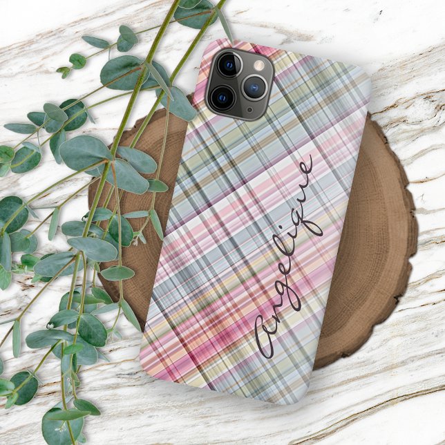 Fun Summer Pink Blue Mint Green Plaid Pattern iPhone Case (Creator Uploaded)