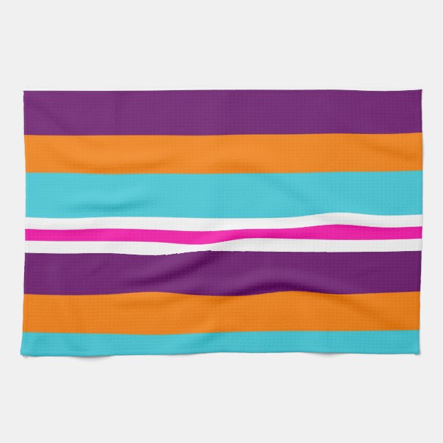 Fun Summer Pink Teal Orange Purple Striped Pattern Tea Towel (Horizontal)
