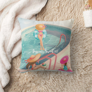 Fun Summer Pool Party Watercolor Sweet 16 Cushion