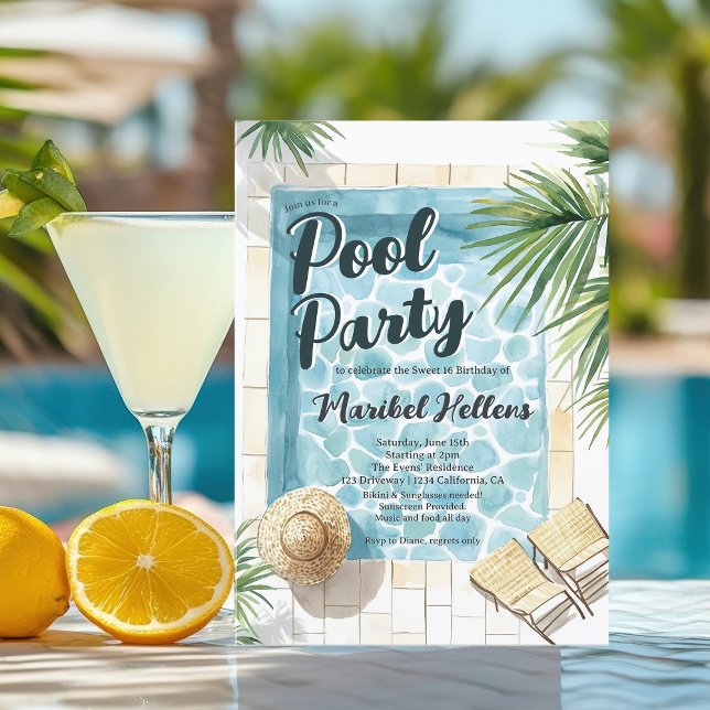 Fun Summer Tropical Watercolor Pool Party Sweet 16 Invitation (Fun Summer Tropical Watercolor Pool Party Sweet 16 Invitation)