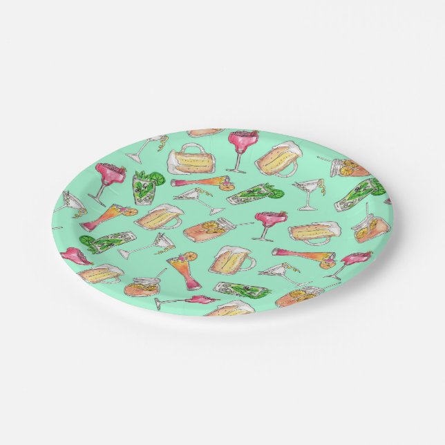 Fun Summer Watercolor Painted Mixed Drinks Pattern Paper Plate (Angled)