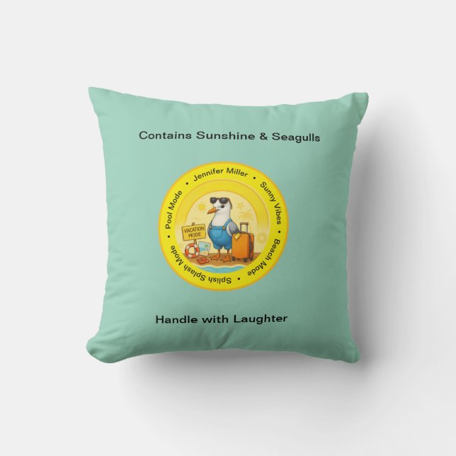 fun sunny destination seagull beach traveller name cushion (Front)