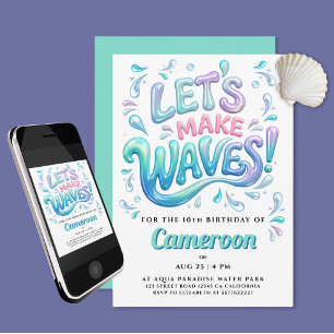 Fun Surf Party Mint Purple Pink Waves Splash Typo Invitation