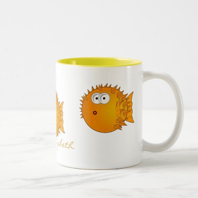 Fun Surprised Puffer Fish Two-Tone Coffee Mug (Right)