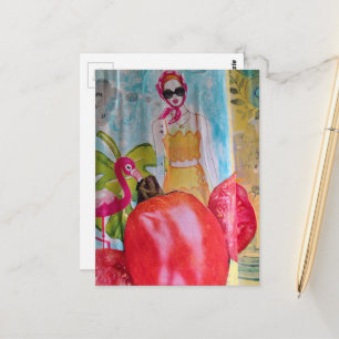 Fun Surreal Collage Summer Tomatos Flamingo Woman Postcard