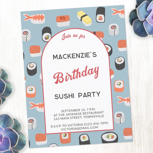 Fun Sushi Birthday Party Invitation Postcard (Fun Japanese sushi food art themed birthday party invitation with personalized custom text)
