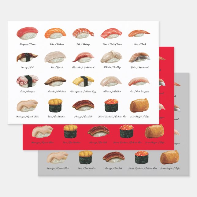 Fun Sushi Chart Trio Wrapping Paper Sheet (Set)