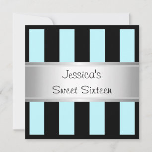 Fun Sweet 16 Light Blue Black Stripes Silver Party Invitation