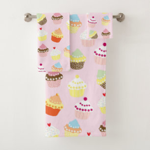 Fun Sweet Cupcake Dessert Pattern on Pink Bath Towel Set