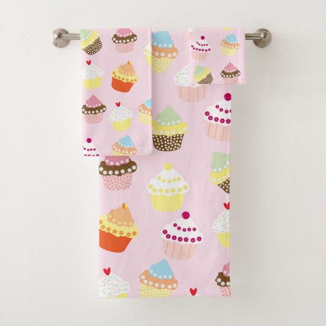 Fun Sweet Cupcake Dessert Pattern on Pink Bath Towel Set (Insitu)