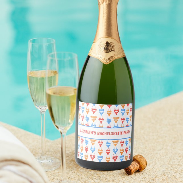 Fun Swimsuit Pool Party Personalised Bachelorette Sparkling Wine Label (Creator Uploaded)
