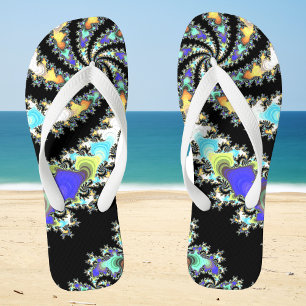 Fun Swirled Fractal Black and Multicolor Geeky Flip Flops