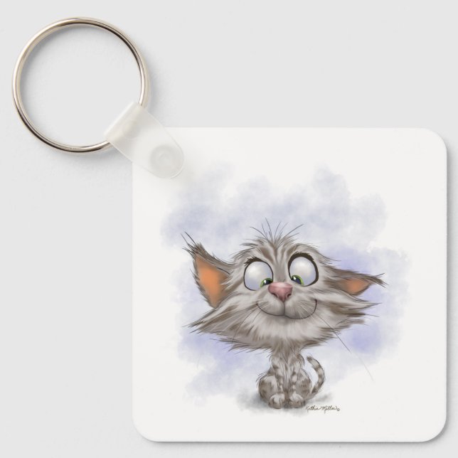 Fun Tabby Kitten Cartoon Key Ring (Front)