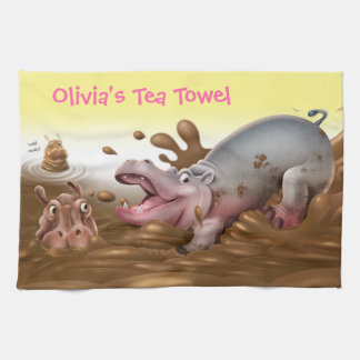 Fun Tea Towel Hippos in the mud. Girls name.